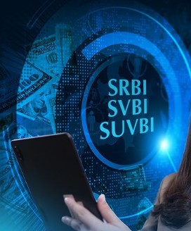A person from behind looking at a tablet with holographic projections of the letters "SRBI SVBI SUVBI" around them, set against a futuristic digital background featuring cityscape and currency elements.