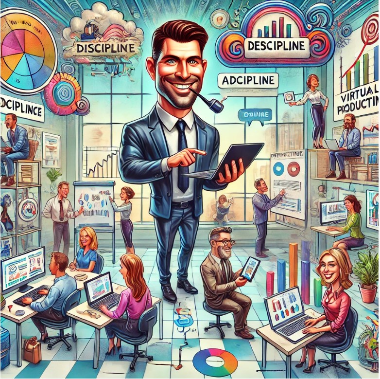 An illustration of a vibrant office environment with multiple cartoon professionals engaged in various activities such as presenting, meeting, and working on computers, centered around an oversized, smiling man in a suit holding a digital tablet. The scene is adorned with colorful graphics and text related to discipline and productivity, conveying a theme of a dynamic and disciplined workplace.