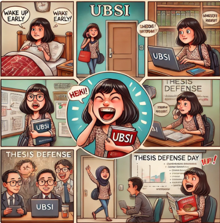 A comic strip showing the journey of a female student from waking up early, preparing, graduating, to defending her thesis, punctuated with her enthusiasm and dedication to her studies at UBSI.
