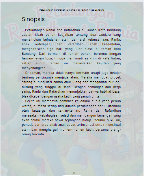 The image displays a text page in a language that appears to be Indonesian, with a prominent and stylistic letter 'n' on the upper part of the page. The text is laid out in paragraph form and includes the heading "Sinopsis" at the top, suggesting that it is a synopsis or summary of a written work. The page number "vi" is visible at the bottom right corner.