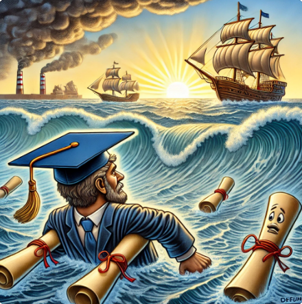 An illustration featuring a man in graduation attire navigating through waves with a ship in the background, surrounded by floating diploma certificates, with an industrial skyline and a sunrise on the horizon.