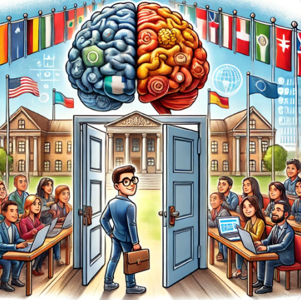 An illustrated image featuring a classroom setting with international flags above, where a man is standing at the doorway, facing a giant, divided brain, symbolizing logic and creativity. The room is filled with attentive students, some using laptops, all looking at the entrance. The institution building in the background implies a global educational theme.