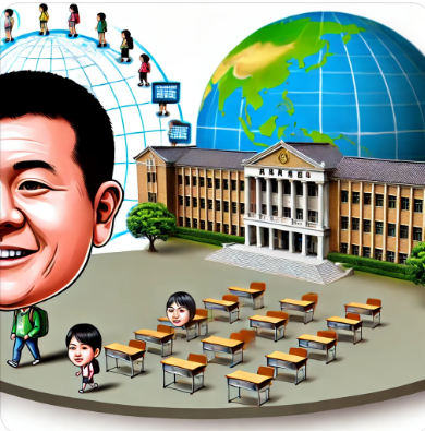 Illustration of a school setting with a large caricatured male head in the foreground, cartoon representations of students, a globe showcasing global connectivity, and a school building in the background.