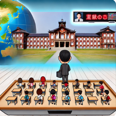 An animated image showing a classroom setting with rows of students facing a teacher, with a traditional Japanese building in the background under a clear sky. Above the building, there is an electronic screen showing a news broadcast with a male presenter. The foreground includes a partial view of a globe.