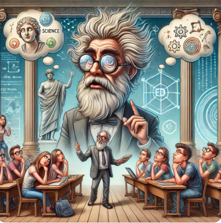 An illustration showing a classroom scene with a large, whimsical depiction of an elderly male scientist with wild gray hair and beard in the background, with various scientific symbols and diagrams floating around his head. In the foreground, a smaller version of the same scientist is teaching a group of bored or inattentive students sitting at desks. The walls are adorned with educational elements like mathematical equations and classical art, conveying a theme of academia and learning.