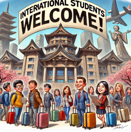 An illustration of a diverse group of happy cartoon-style students with luggage under a large banner reading "INTERNATIONAL STUDENTS WELCOME!" in front of a traditional building, with a plane flying overhead and a statue holding a welcome sign.