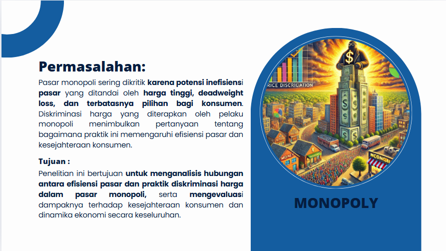 An informational graphic with text and an illustration related to the topic of monopoly and market inefficiencies. On the left side, there is text in Indonesian discussing the problems of monopolistic markets, such as high prices, deadweight loss, and limited choices for consumers, as well as the objective of analyzing the relationship between market efficiency and price discrimination practices in monopoly markets. On the right, there is a colorful illustration featuring the word "MONOPOLY" in large letters at the bottom and a cityscape dominated by a tall building with a "$" sign atop it, symbolizing a monopoly. The building is surrounded by smaller houses, and there are people and cars on the streets, with a backdrop of a rising sun. The artwork is styled similarly to the classic board game Monopoly.