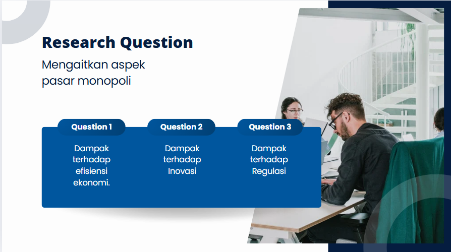 A presentation slide titled "Research Question" with text in Indonesian that discusses aspects of a monopoly market. The slide lists three questions regarding the impact on economic efficiency, innovation, and regulation. In the background, there are three people working at desks in an office environment.