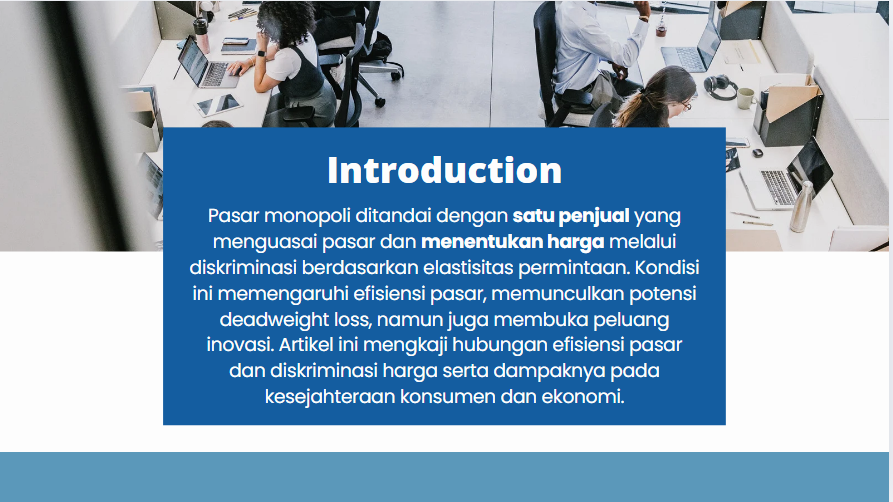 Overhead view of office workers at their desks with computers, with an overlay of text in a blue box titled "Introduction" written in a foreign language.