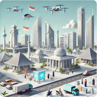 A vibrant, futuristic cityscape featuring modern skyscrapers, traditional buildings, and various vehicles. Drones fly overhead, and people move about the streets amid greenery and digital signs.