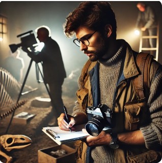 A focused young photographer sketches notes while holding a camera, surrounded by dinosaur fossils and a colleague filming in the background.