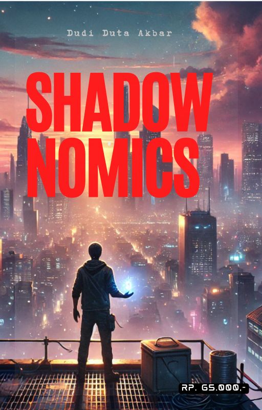 A figure stands on a rooftop overlooking a futuristic cityscape at dusk, with colorful lights illuminating the skyline and the title "SHADOW NOMICS" prominently displayed in bold red text.