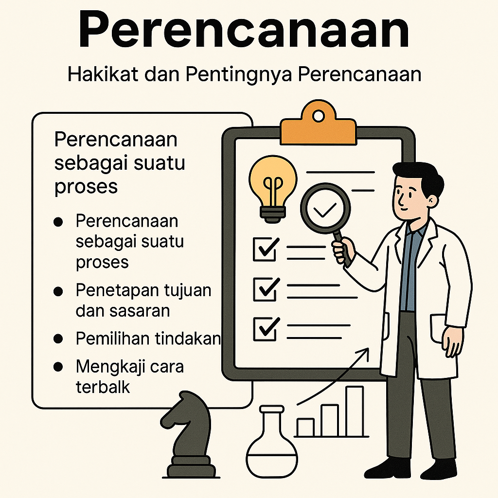 An illustration featuring a person in a lab coat presenting a checklist for planning processes, highlighting key components like goal setting and action selection.