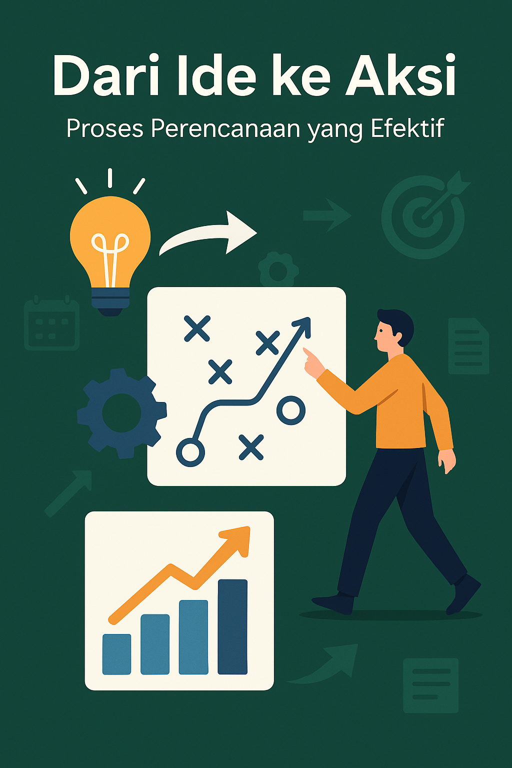 An illustration depicting the process of effective planning, featuring a man analyzing charts, graphs, and a lightbulb symbolizing innovation.