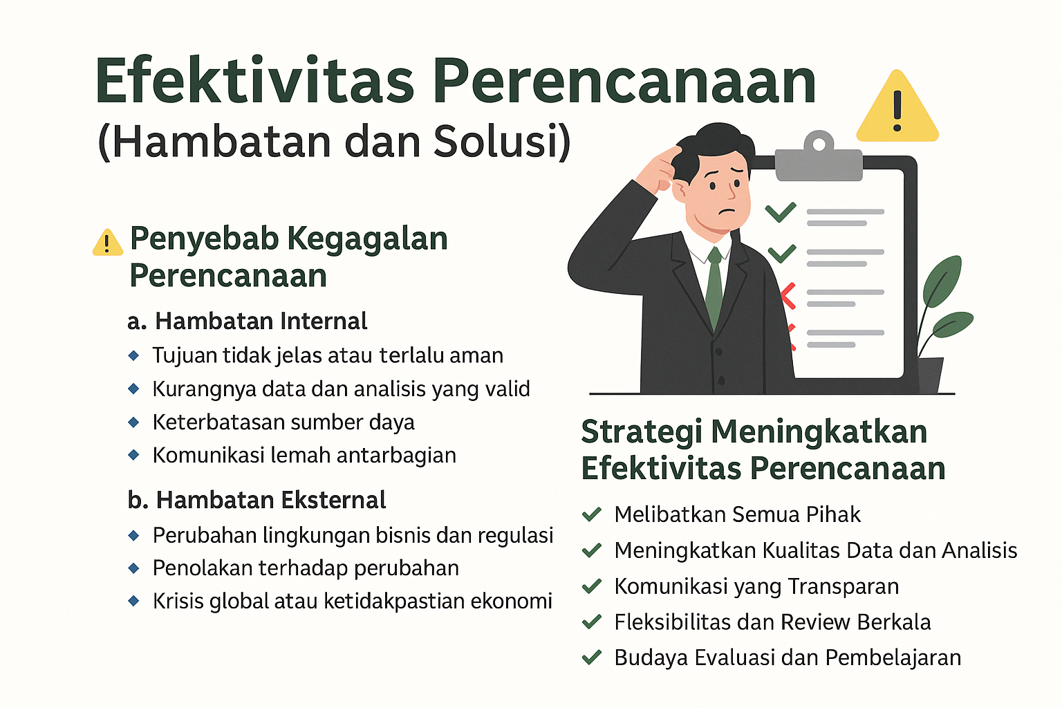An infographic outlining internal and external barriers to planning effectiveness, along with strategies to enhance planning effectiveness, including improved data quality and stakeholder involvement.