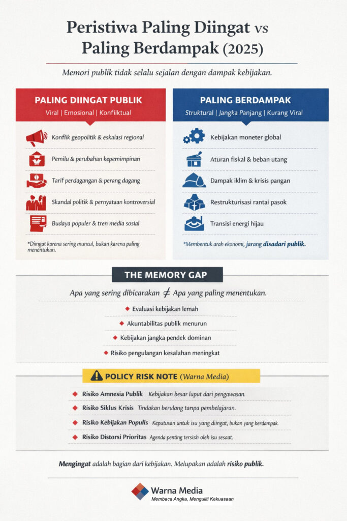 Infographic comparing notable public events with their policy impacts, highlighting common themes and risks, including the memory gap and public amnesia.